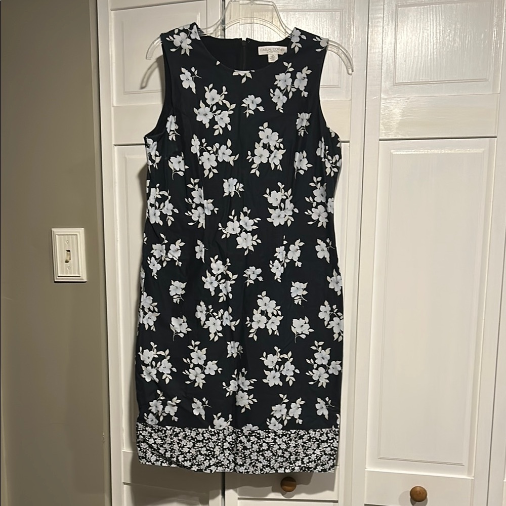 Casual Corner Navy and Light Blue Floral Midi Dress